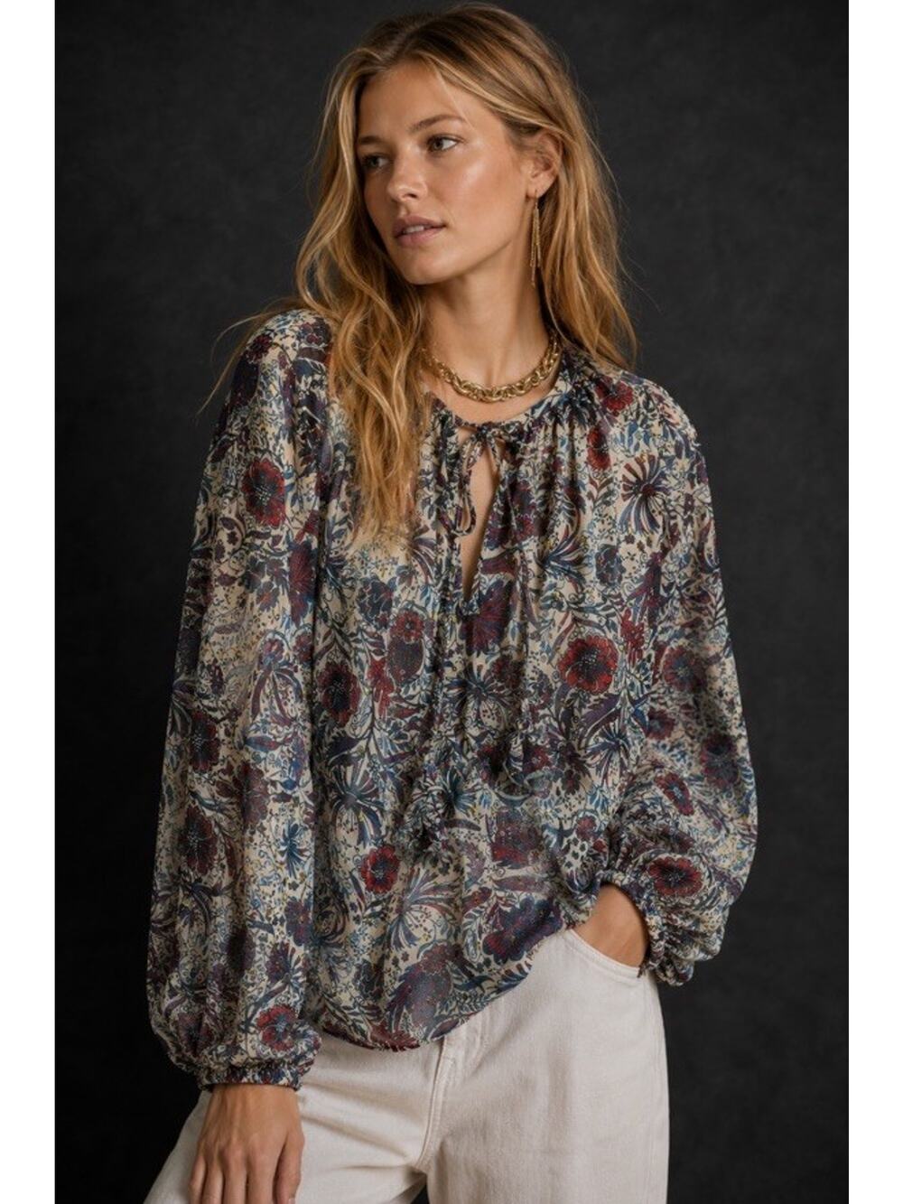 Let Me Be Anthropologie Red Blue Metallic Floral Boho Blouse Top XS 0 2 India